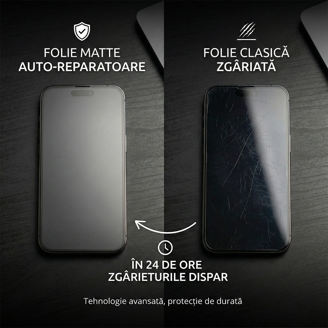 Folie Mata Protectie Fata Hydrogel TPU, efolie®, Premium pentru iPhone 16 Pro, Full Cover 360, Finisaj Mat Anti-Amprente, Auto-Regenerare, Protectie la Socuri si Zgarieturi, Ultra Slim, Montaj Usor Rapid, SIlicon Transparent Mat