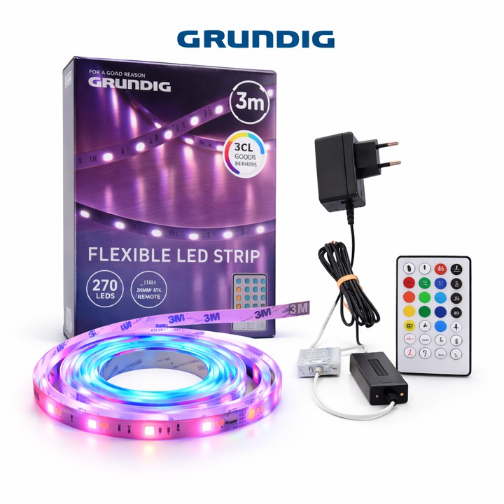 Banda LED 3m Grundig RGB + Alb Reglabil, 270 LED-uri SMD 5050, 600 lm, 12 Culori, 4 Moduri Iluminare, Functie Muzica, Telecomanda si Adaptor 12V Inclus, Autoadeziva, Taiere la 20 cm