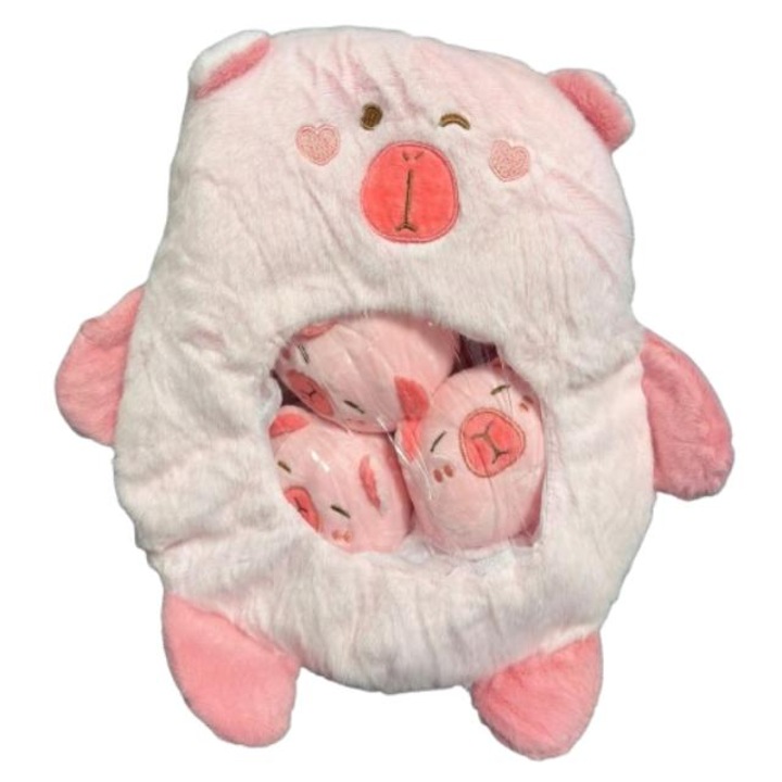 Jucarie tip perna de plus, Capybara, cu 3 puisori, roz, 38 cm