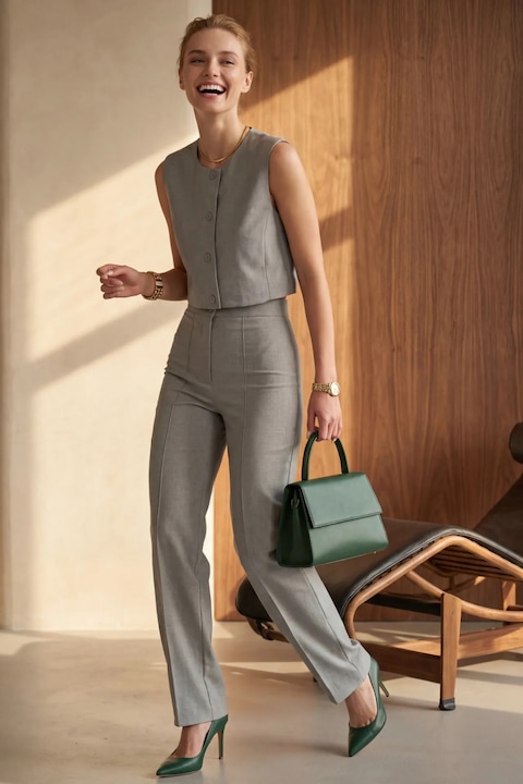 Compleu dama, MyFashion, din doua piese, talie inalta, gri, textil, M INTL