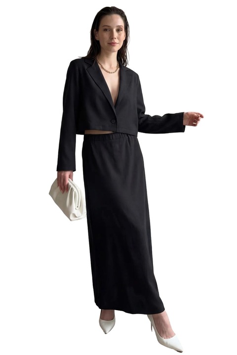 Costum din doua piese, MyFashion, top cu maneca lunga, fusta maxi, negru, textil