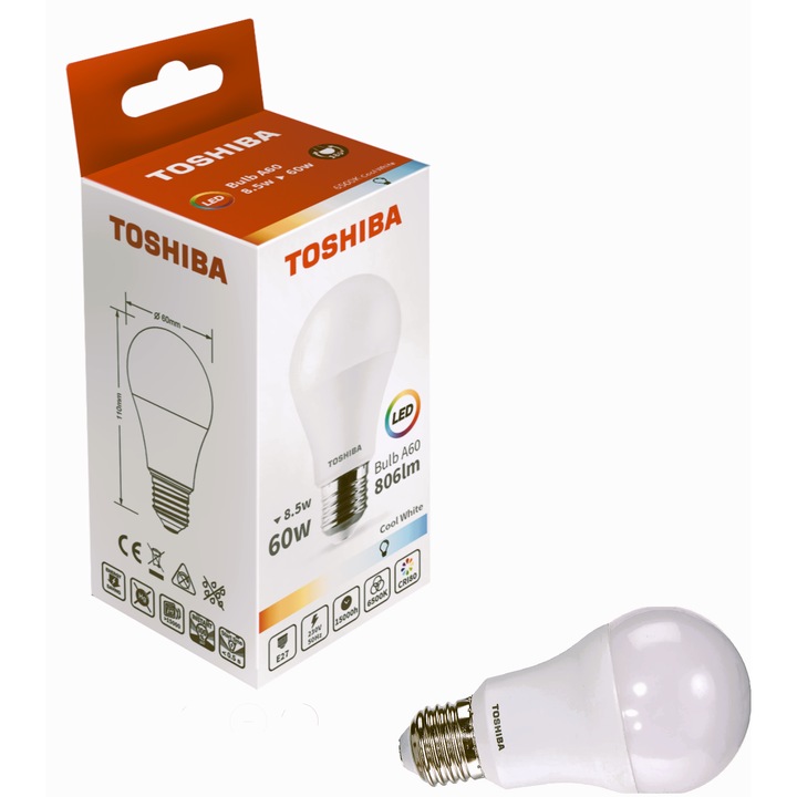 LED крушка Toshiba A60 E27 60W 806lm Студено Бяла – 15.000ч, Без димиране