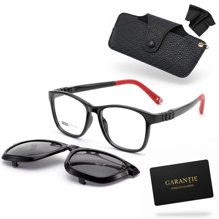 Rame Ochelari pentru Copii, Flexibila si Indestructibila, Clip-On cu Lentile Polarizate inclus, Varsta 5-12 ani, Negru/Rosu