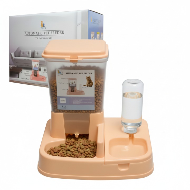 Hranitor automat pentru caini si pisici 2 in 1 cu dozator apa, dispenser hrana uscata, capacitate mare, bol Antiderapant, crem