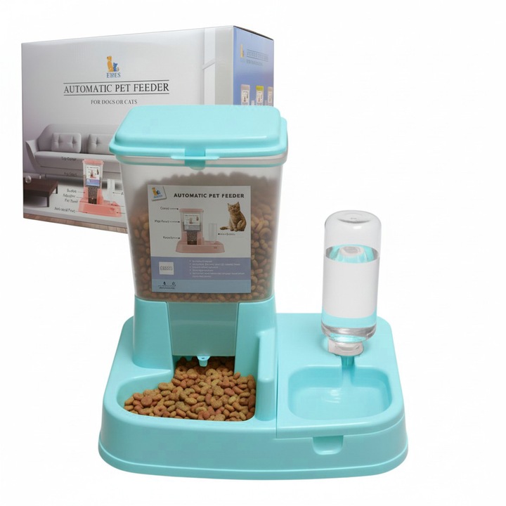 Hranitor automat pentru caini si pisici 2 in 1 cu dozator apa, dispenser hrana uscata, capacitate mare, bol Antiderapant, albastru