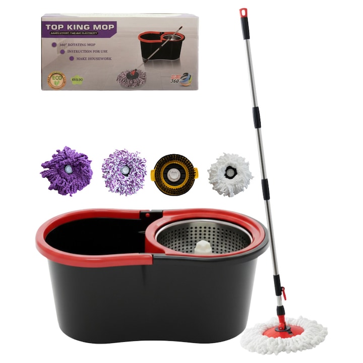 Set mop rotativ 360° cu galeata cu stoarcere MASTPAD si 4 rezerve microfibra, coada telescopica, curatare rapida si eficienta, negru-rosu