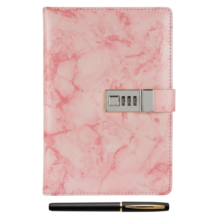 Agenda jurnal A5 cu cod MASTPAD si pix inclus, coperta eleganta, caiet notite personal cu parola, ideala pentru secretizarea parolelor, roz