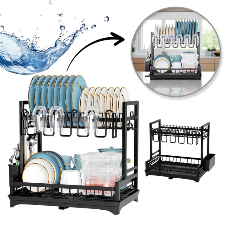 Модерен сушилник за чинии и прибори, двуетажен, черен метал, 42x30x38см, JollyMag, SU06CZ