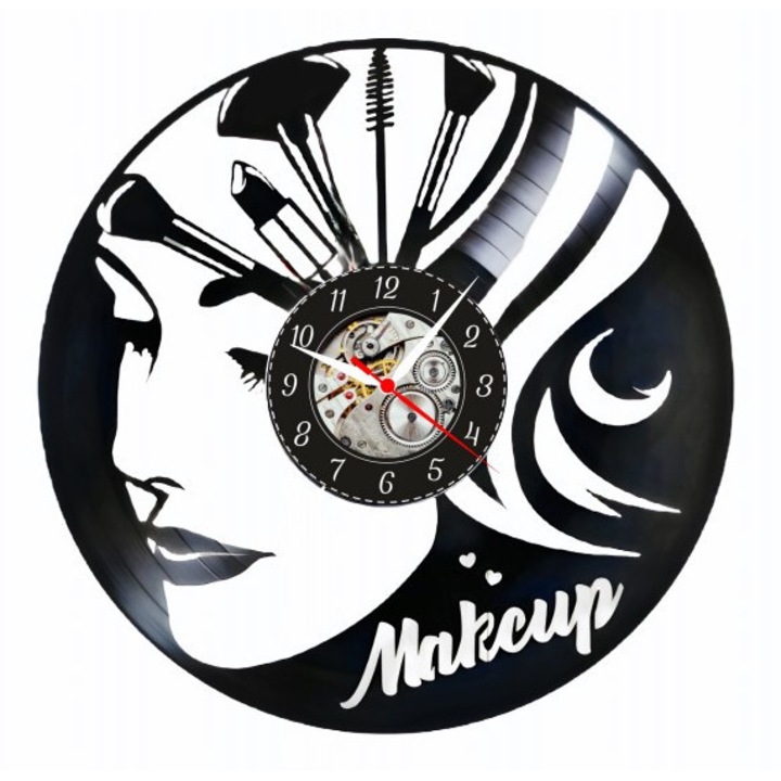 Dekoratív falióra - Sminkes Stúdió - Beauty Glamour - bakelitlemezből (Vinyl Record), Kozmetika & Stílus design, Fekete, 30 cm