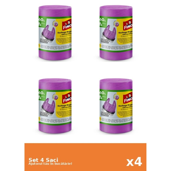 Set 4 Saci menajeri colorati cu manere, hd, 60l, 60 buc