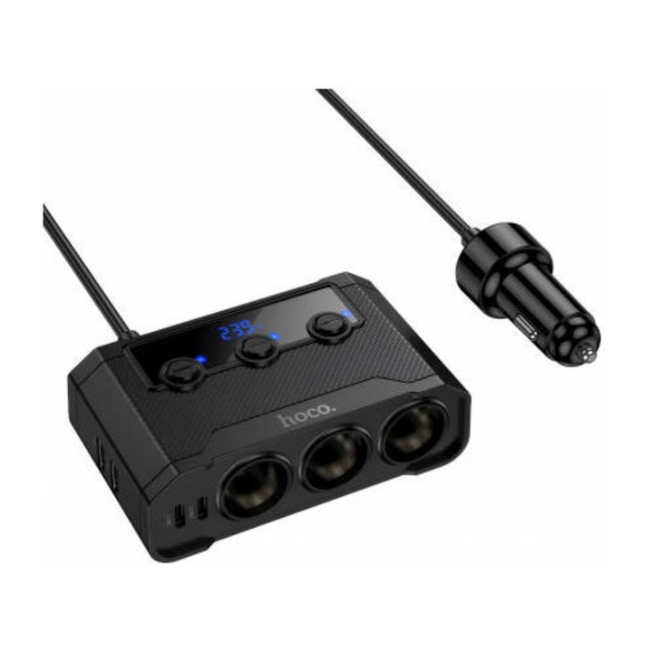 Hoco Z64 Autós Töltő 15.5W 3.1A 2 x USB-A - 2 x USB-C - 3 x Szivargyújtó Hosszabbító Fekete