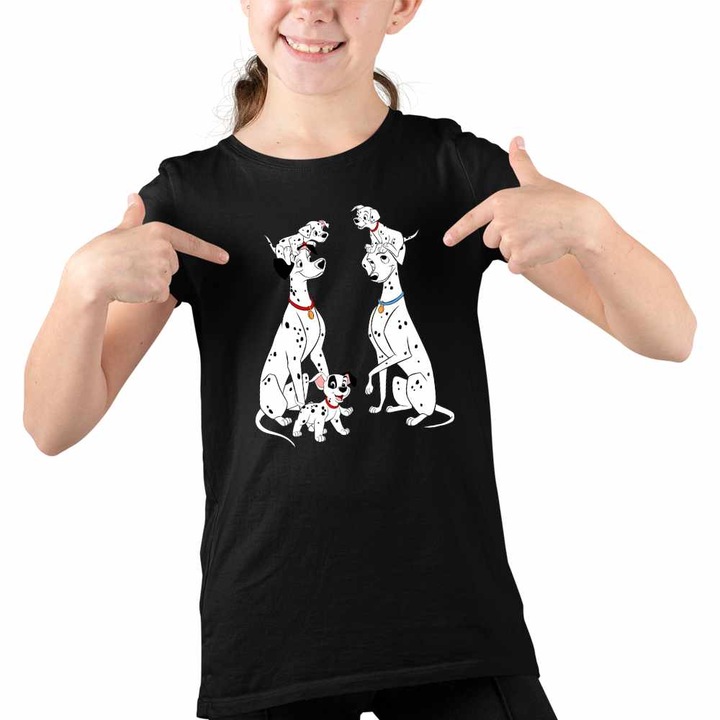 Tricou Copii Fete 101 Dalmatieni Pongo Perdita Familie Catelusi, Fekete