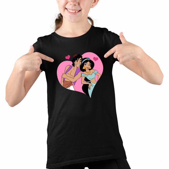 Tricou Copii Fete Aladdin Jasmine Valentines Day Love Dragobete Cuplu, Fekete
