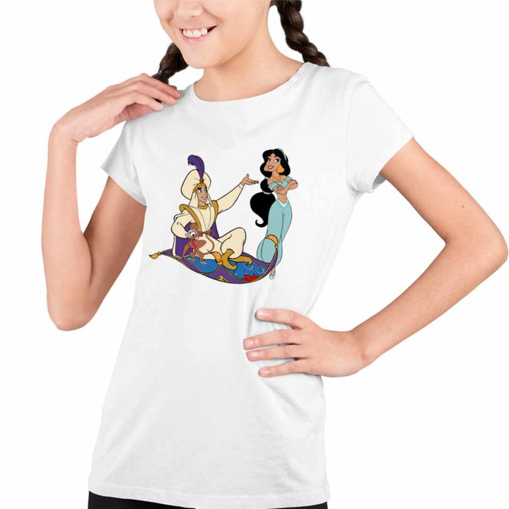 Tricou Copii Fete Aladdin Print Ali Jasmine Covor Fermecat Sultan, Fehér