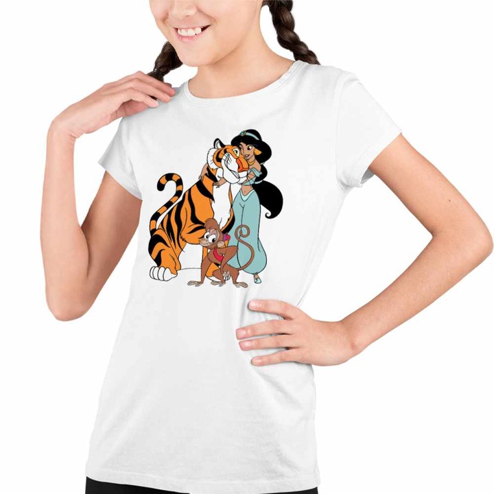 Tricou Copii Fete Aladdin Jasmine Abu Rajah Tigru Imperial, Fehér