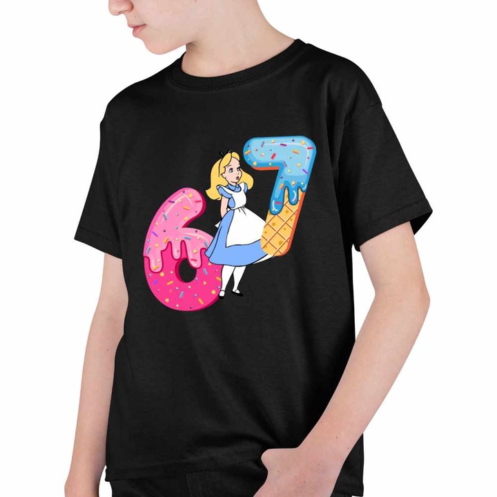 Tricou Copii Baieti Alice Tara Minunilor Six Seven Sase Sapte 67, Negru