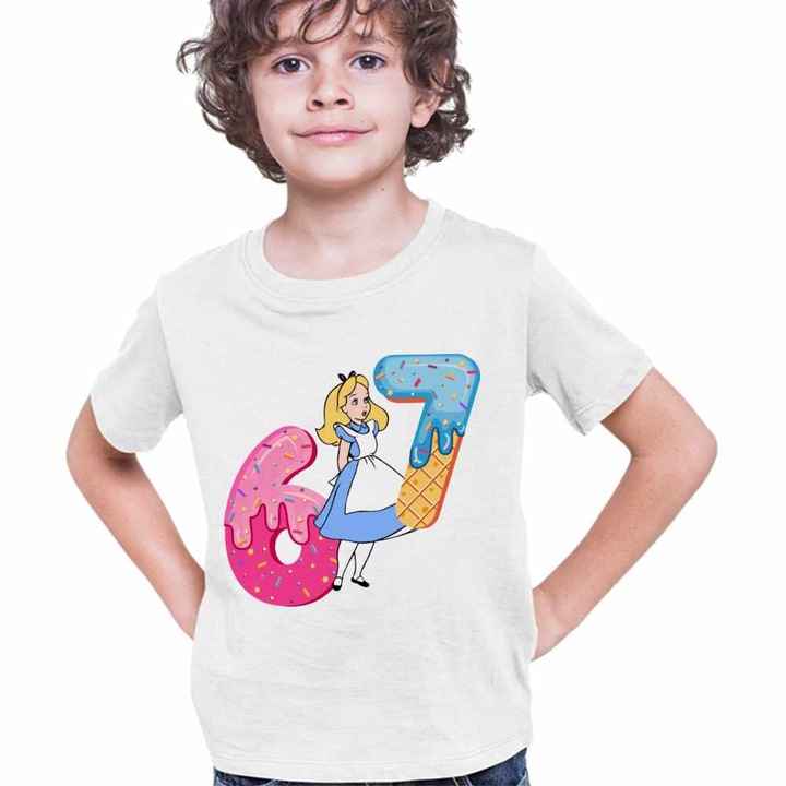 Tricou Copii Baieti Alice Tara Minunilor Six Seven Sase Sapte 67, Fehér