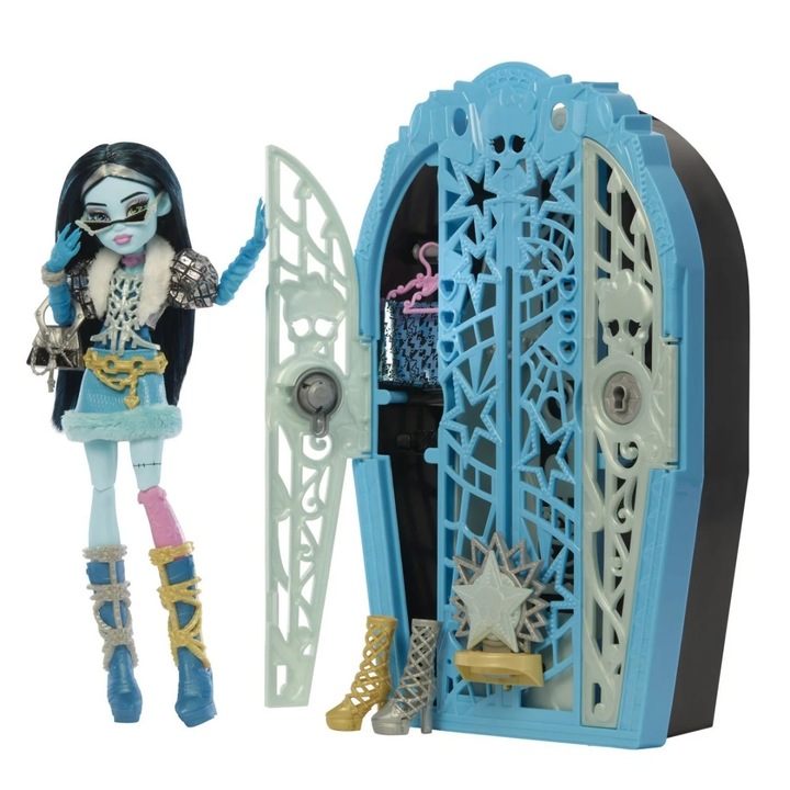 Papusa Monster High Frankie Stein cu Dulap Revelator si Accesorii, Multicolor, 32x21.5x7cm, Set
