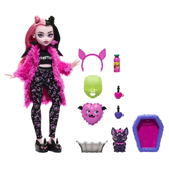 Papusa Monster High Draculaura Creepover Party, 33cm, multicolor, include set machiaj si animal de companie tematic