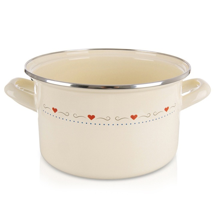 Oala Emailata Cu Manere Marca Orion Seria Tonca, Capacitate 3 L, Diametru 20 Centimetri, Crem Cu Inimi, Otel Emailat, Compatibila Cu Plite Inductie Si Cuptor, Lavabila In Masina De Spalat Vase, Ideala Pentru Gatit Supe Si Tocanite Zilnic Acasa