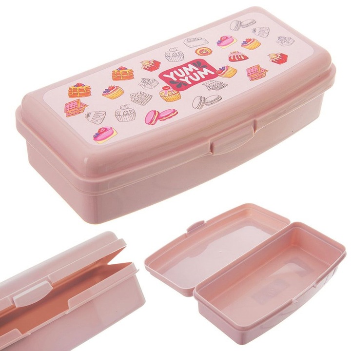Cutie alimentara Artemis, roz, 21x9,5x5,5cm, 500ml, cu motiv de biscuiti