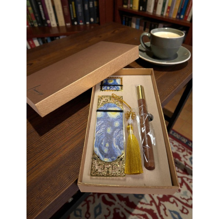 Set vintage, 2 semne de carte metalice aurii si pix cu cerneala, semn clasic-13 cm, semn tip agrafa-4 cm, albastru