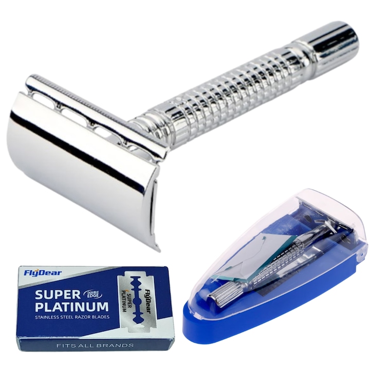 Самобръсначка TrioStore Classic Safety Razor Inox, С двойни остриета, Защитен калъф и 11 включени остриета, Неръждаема стомана, Ергономична противоплъзгаща дръжка, Сребрист