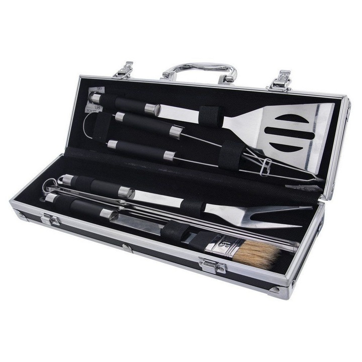 Set ustensile gratar Artemis, 9 piese, inox, valiza, argintiu