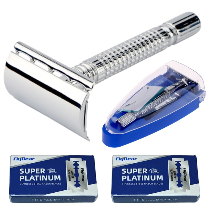 Aparat De Ras TrioStore® Clasic Safety Razor Inox, Aparat De Ras Profesional Cu Lame Duble, Aparat De Ras Traditional Cu Carcasa Protectie Si 21 Lame Incluse, Safety Razor Din Otel Inoxidabil, Maner Ergonomic Antialunecare, Set Complet Barbierit Argintiu