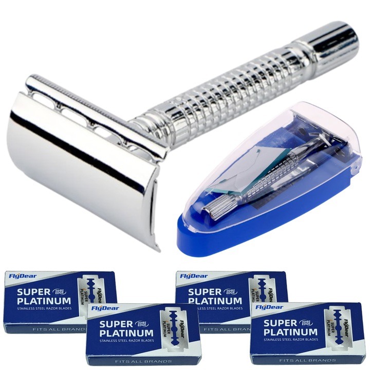 Aparat De Ras TrioStore® Clasic Safety Razor Inox, Aparat De Ras Profesional Cu Lame Duble, Aparat De Ras Traditional Cu Carcasa Protectie Si 41 Lame Incluse, Safety Razor Din Otel Inoxidabil, Maner Ergonomic Antialunecare, Set Complet Barbierit Argintiu