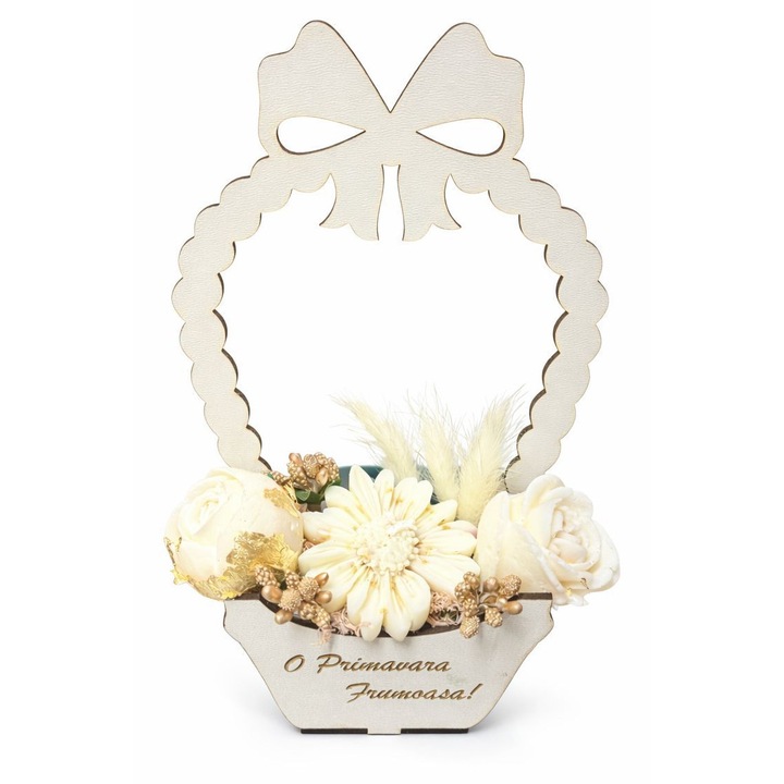 Martisor floral 3 flori Alb-Auriu din ceara parfumata de soia, in cos de lemn, potrivit 1-8 Martie, Handmade