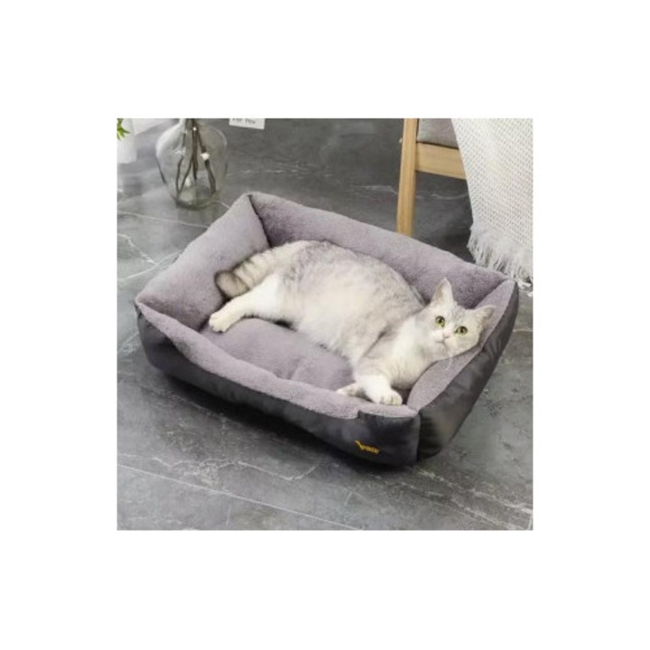 Pat pentru Caini si Pisici – Purlov – Margini Inaltate, Interior Moale, 60×45 cm, Textil, Gri/Negru