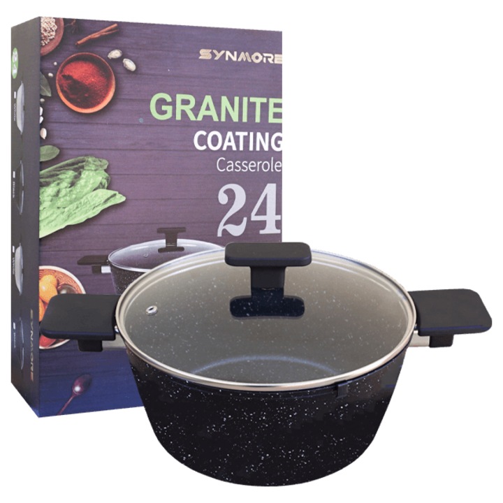 Oala granit 24 cm cu capac din sticla, Synmore