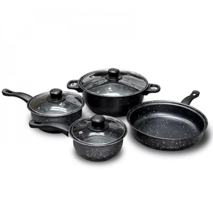 Set Oale pentru Gatit, 7 Piese din Otel Carbon cu Invelis Antiaderen, Manere si Capace din Sticla