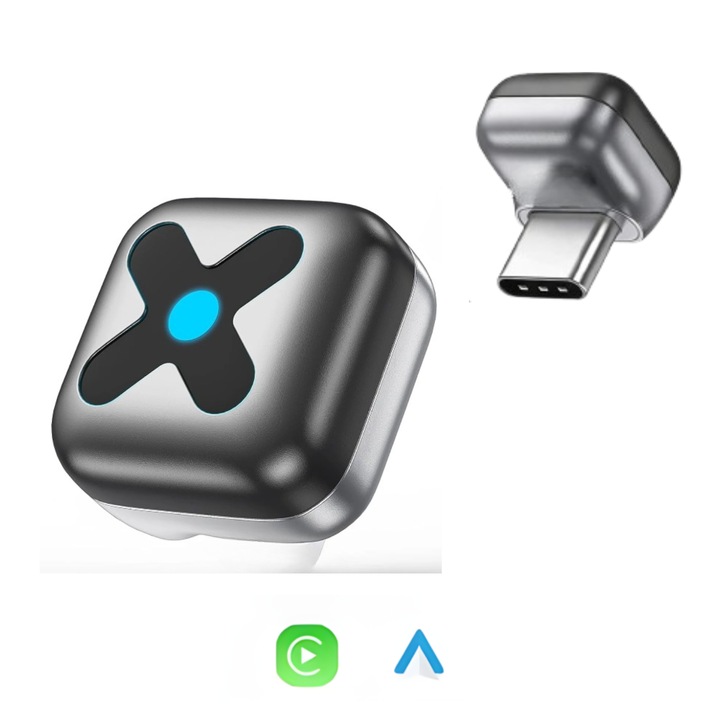 Автомобилен адаптер Wireless Element-x® 2-в-1, Plug & Play, съвместим с автомобили, оборудвани с фабричен CarPlay и Android Auto след 2016 г., Mini USB Type-C, LED, тъмно сив