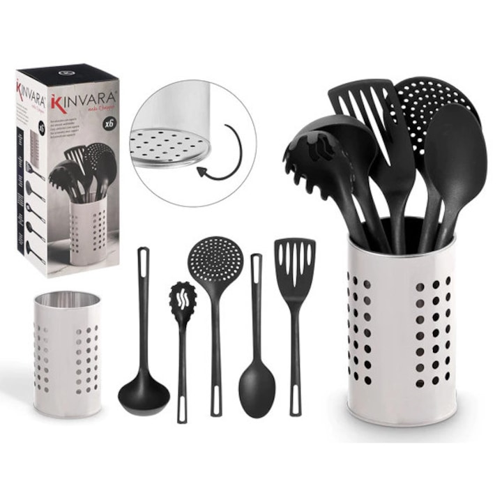 Set 5 Ustensile Bucatarie KINVARA, cu Suport Inox - Polonic, Lingura, Lingura cu fanta, Spatula cu fanta si Ustensila pentru spaghete