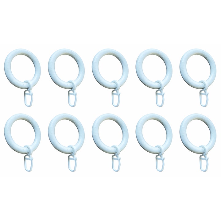 Set 10 Inele din Lemn cu Carlig Plastic pentru Perdele si Draperii, Design Elegant, Compatibile cu Galerie Ø38/35/28 mm, Alb