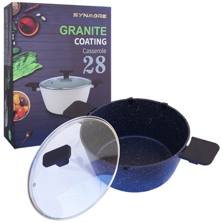 Oala granit 28 cm cu capac din sticla, Synmore