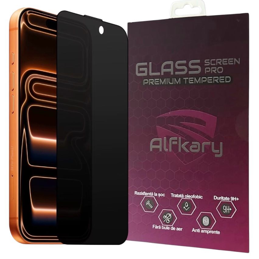 Folie Sticla Privacy, Alfkary, Compatibila Apple iPhone 17 Pro, Protectie Profesionala Ecran 3D, Full Cover- Negru