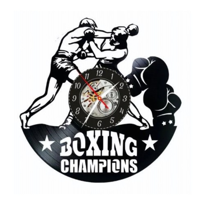 Dekoratív falióra - Boxing Champions - Knockout Legend - bakelitlemezből készült, Sport & Power design, fekete