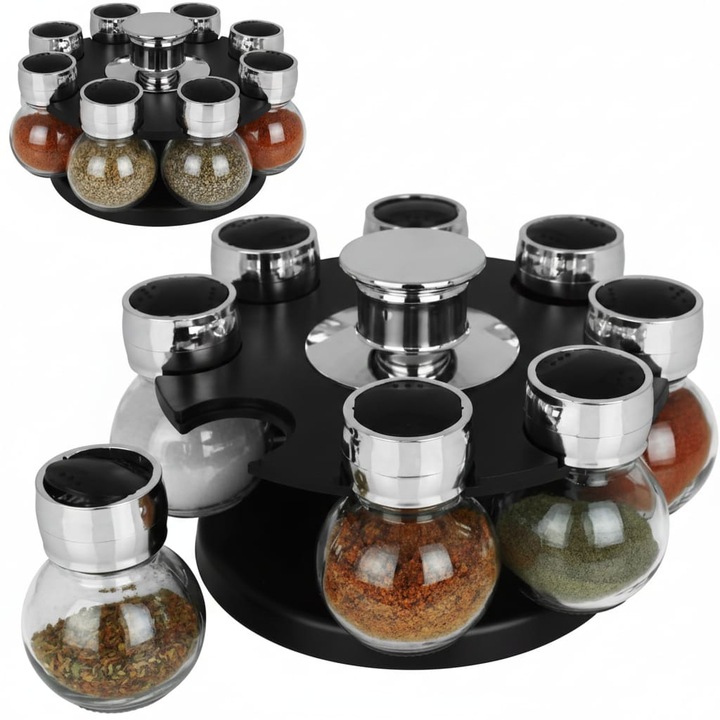 Set 8 Borcane Design Modern pentru Condimente cu Suport Rotativ, Negru