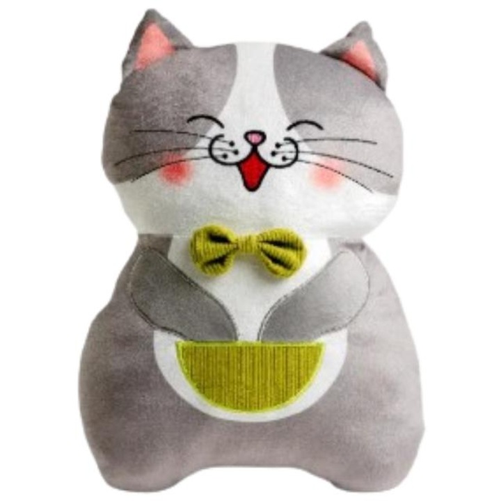 Jucarie tip perna de plus, Pisica, alb-gri, 40x35 cm