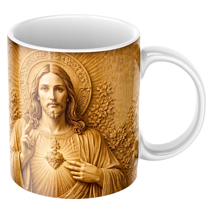 Cana personalizata Iisus Hristos, model sculptural detaliat, cadou religios, credinta, efect 3D, ceramica, alba