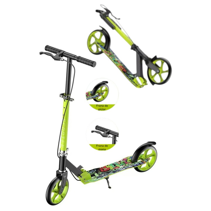 Тротинетка на 2 колела, за възрастни и деца, сгъваем дизайн, максимално тегло 100 кг, големи колела 200 мм, регулируемо кормило, двойна спирачна система отпред-отзад, стойка, противоплъзгаща платформа, зелена
