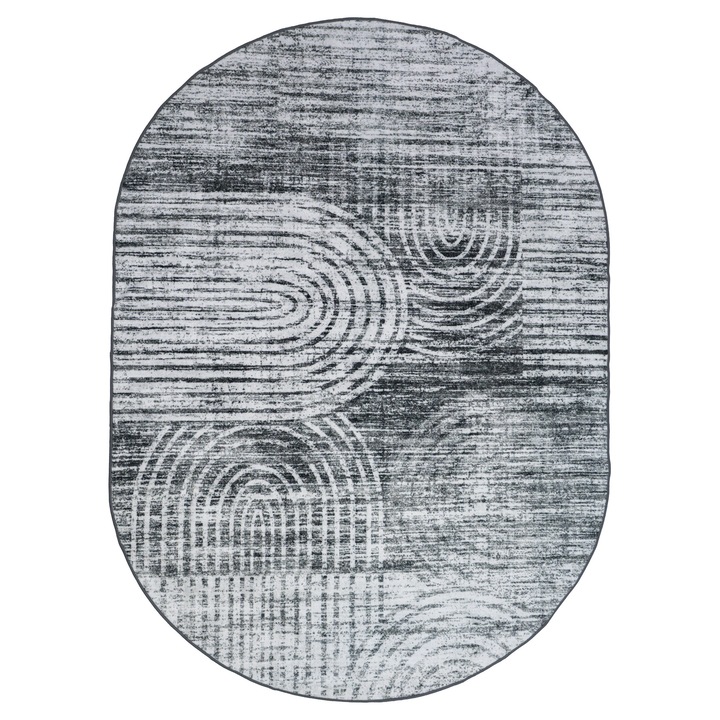 Covor modern, 180 x 250 cm, Antiderapant, Gri, Poliester, Usor De Curatat, Lavabil, Living, Camera De Zi, Dormitor, Oval, Compatibil Cu Incalzirea Prin Pardoseala