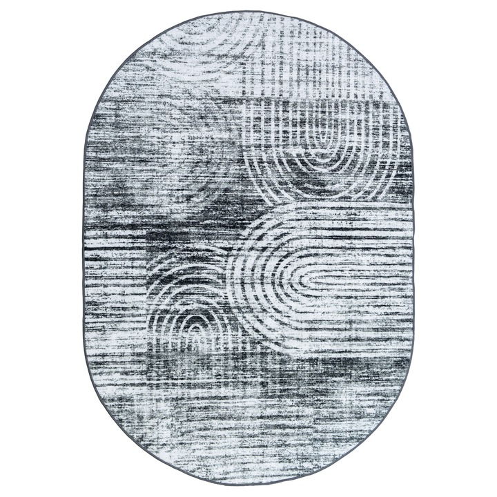 Covor modern, 140 x 200 cm, Antiderapant, Gri, Poliester, Usor De Curatat, Lavabil, Living, Camera De Zi, Dormitor, Oval, Compatibil Cu Incalzirea Prin Pardoseala