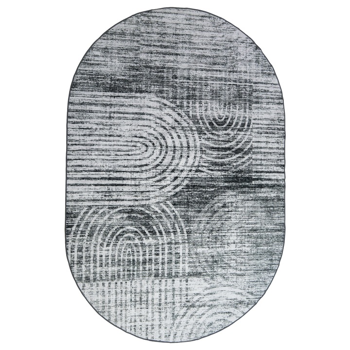 Covor modern, 190 x 290 cm, Antiderapant, Gri, Poliester, Usor De Curatat, Lavabil, Living, Camera De Zi, Dormitor, Oval, Compatibil Cu Incalzirea Prin Pardoseala