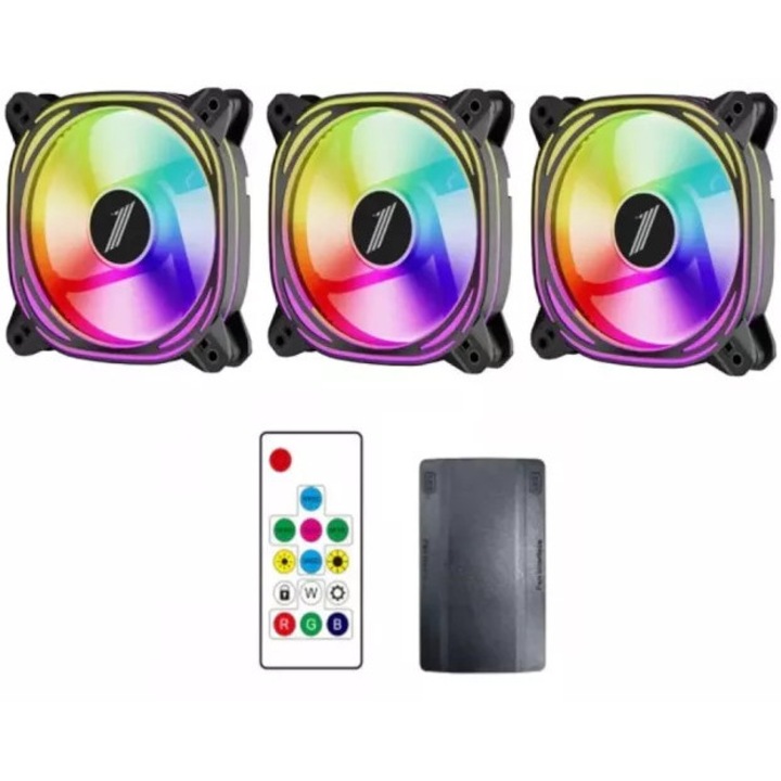 Kit Ventilatoare 1stPlayer COMBO FBbk ARGB controller si telecomanda set 3 buc Negru