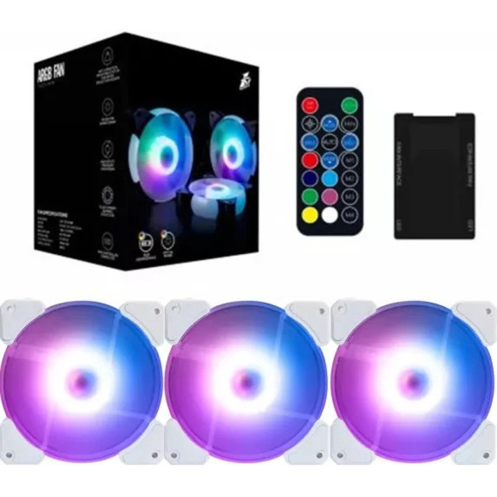 Set 3 Ventilatoare 1stPlayer COMBO CC-w ARGB 120mm controller si telecomanda Alb