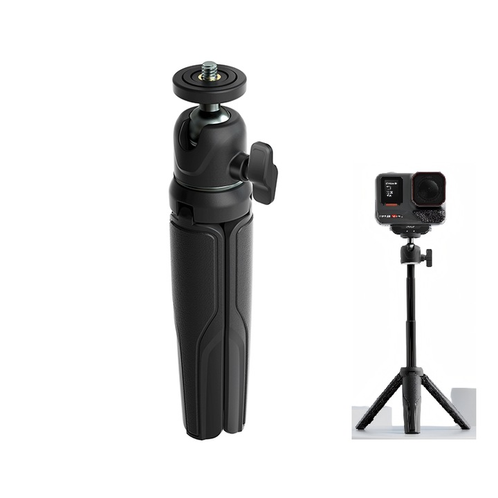 Trepied Selfie Stick Mini aMagisn, Selfie Stick Trepied Extensibil Compact 2-in-1 cu Cap Sferic Flexibil, Portabil pentru Calatorii, Compatibil cu DJI Action 6/5 Pro/4/3 Osmo Nano Insta360 Ace Pro 2 X5/X4 GoPro Hero13/12/11, Negru